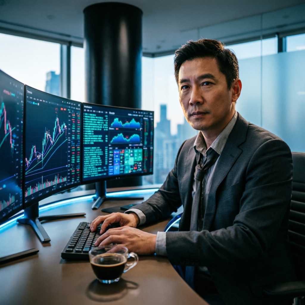 Professional forex trader analyzing Apex 300K challenge with multiple screens