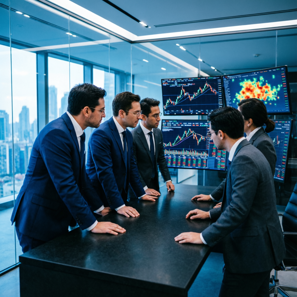 Team of expert financial analysts reviewing trading data and strategies for prop firm passing service
