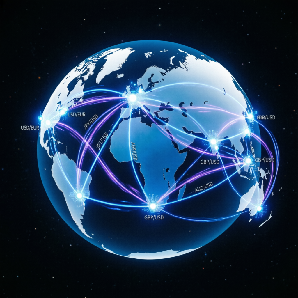 Global forex market world map with currency connections representing international prop firm trading opportunities