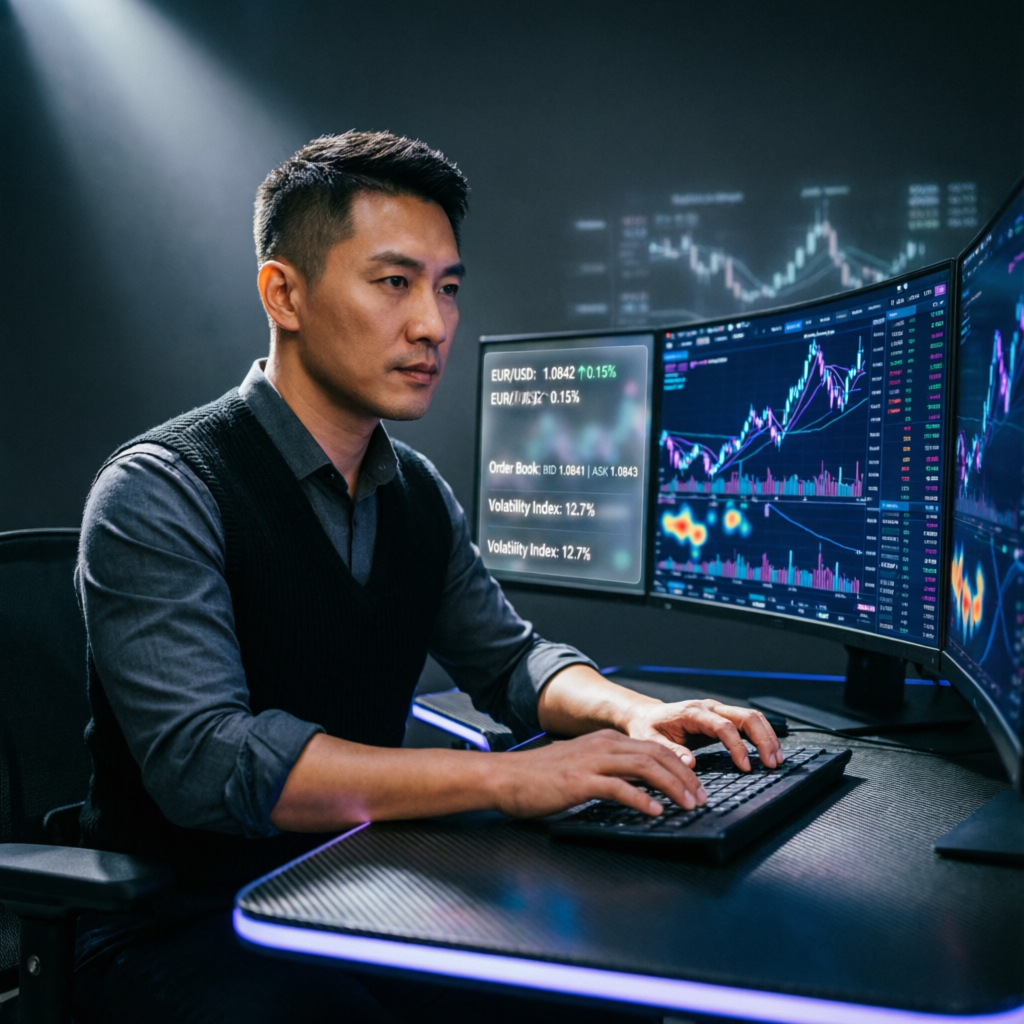 Professional forex trader analyzing Topstep prop firm challenge on multiple monitors