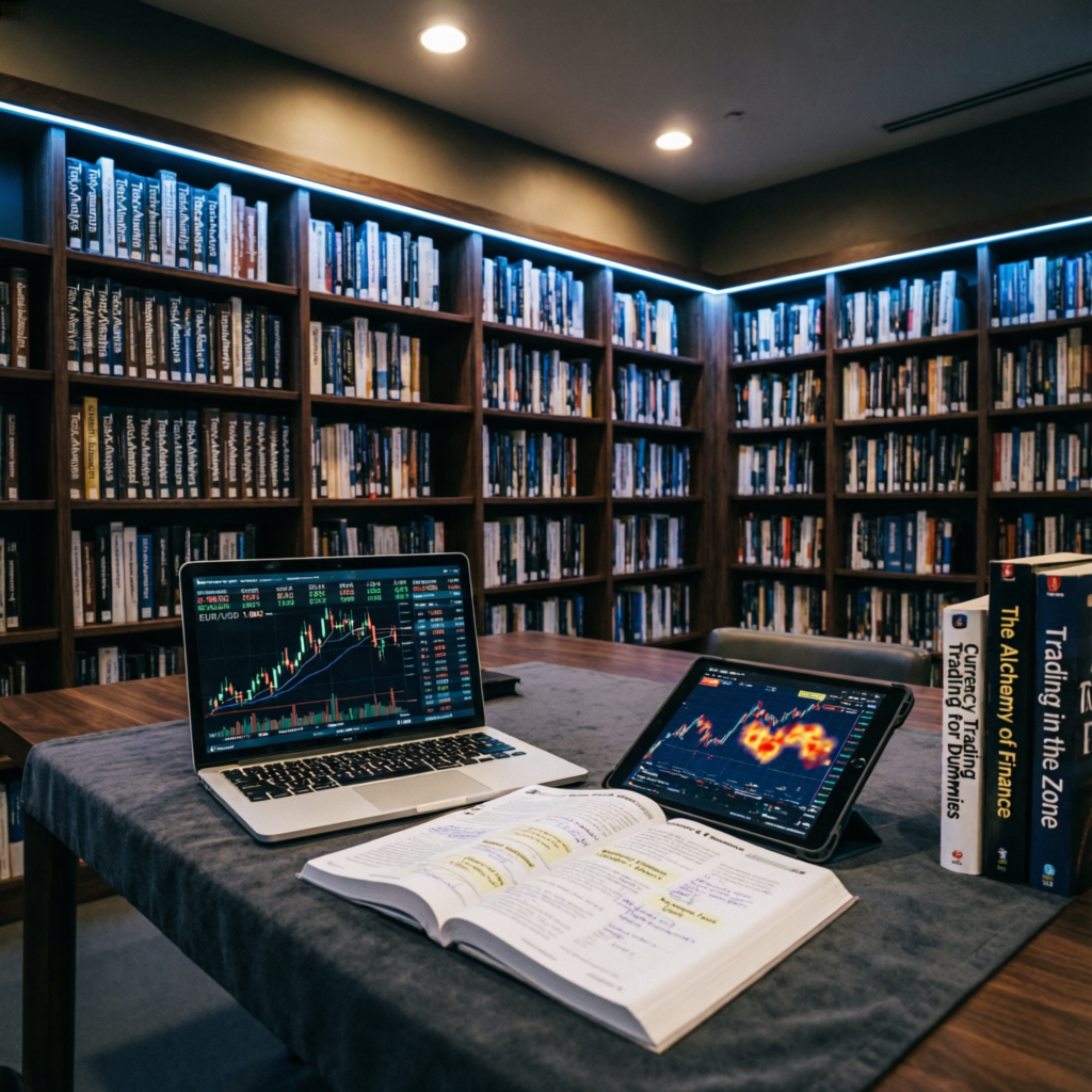 Trading education library with books and charts representing continuous learning and professional development