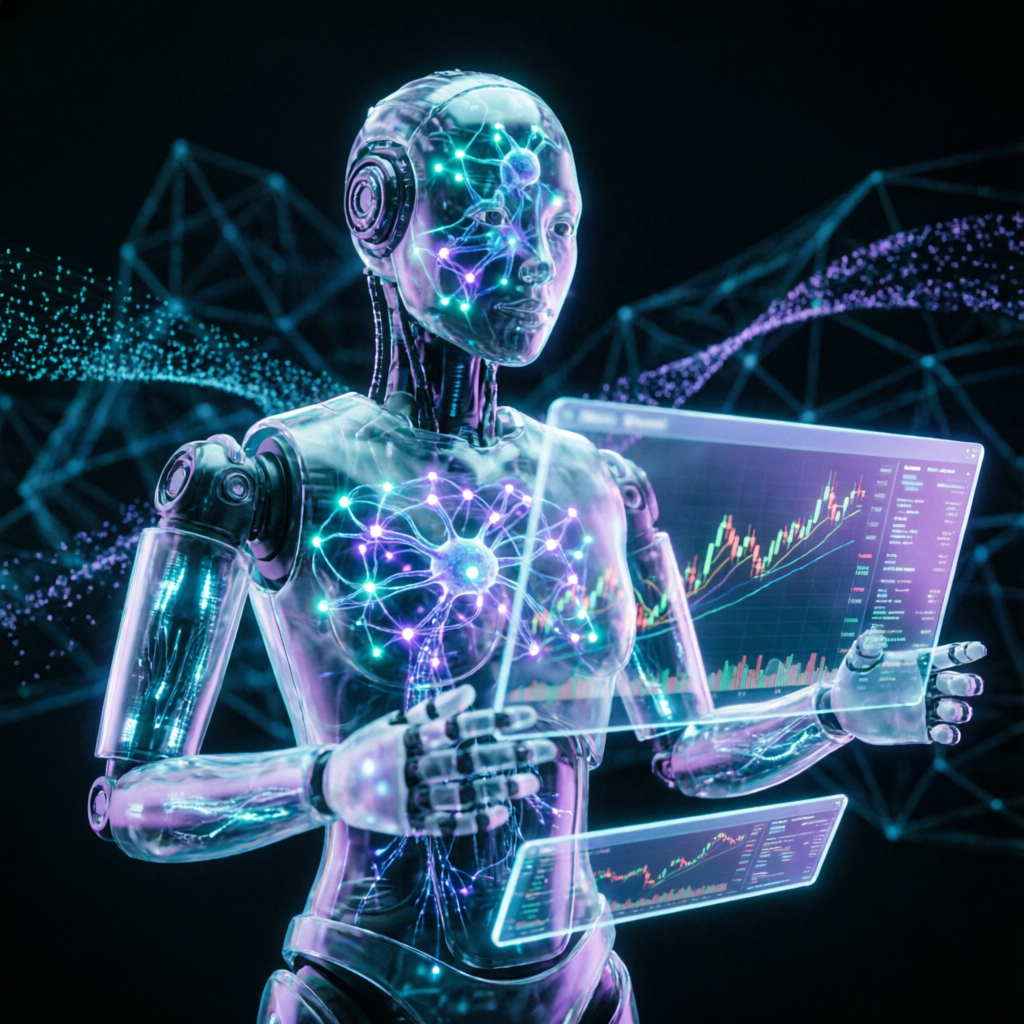 Futuristic AI trading robot representing advanced algorithmic strategies used by Prop Firm Gurus
