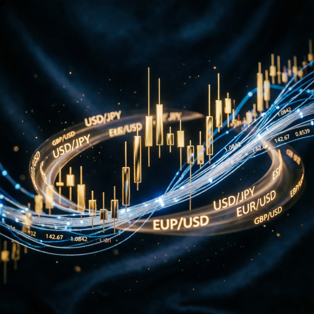 Abstract financial market visualization with golden candlestick charts representing Topstep trading opportunities