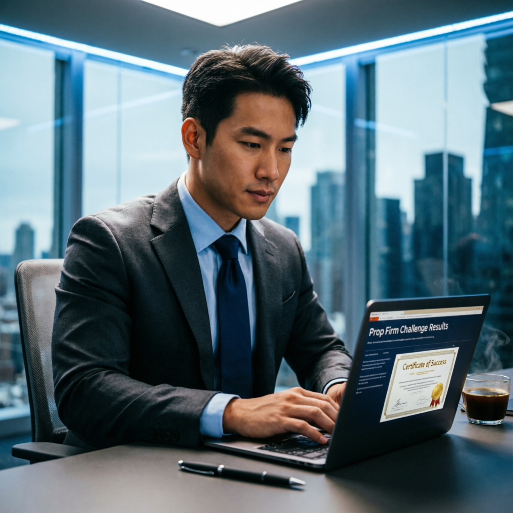 Professional trader reviewing prop firm challenge results with certificate of success on laptop