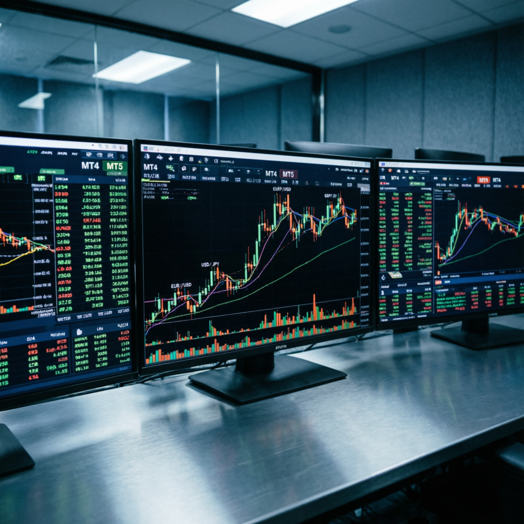 Multiple trading platform screens showing live forex markets and MT4 MT5 interfaces used by Topstep traders
