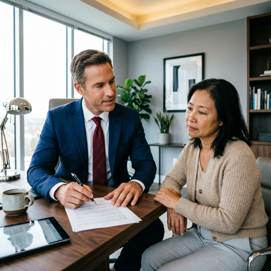 White American lawyer consulting with client in Atlanta law office