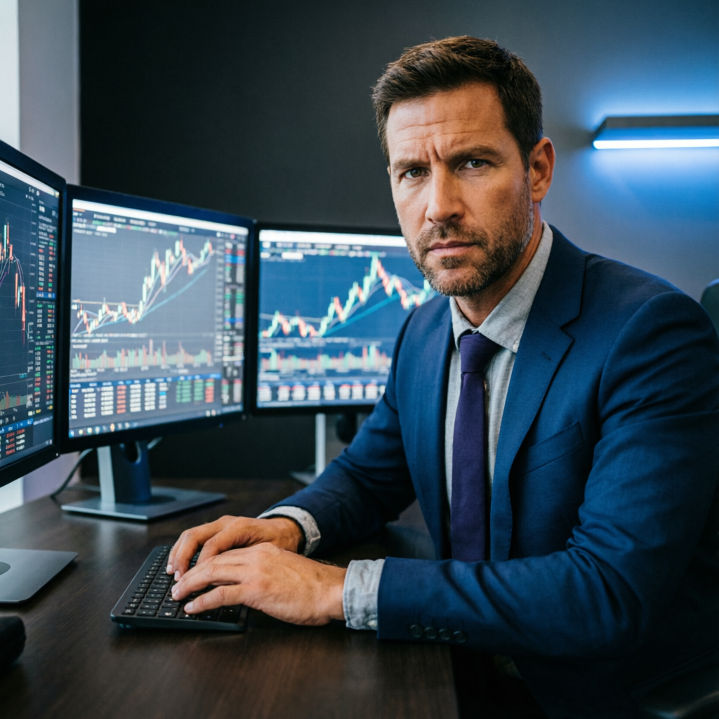 Professional forex trader analyzing charts on multiple monitors representing Topstep trading