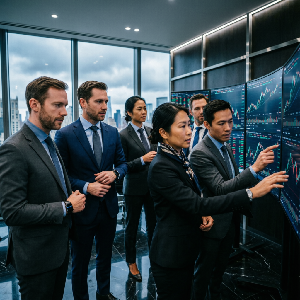 Professional team of traders collaborating on prop firm account management