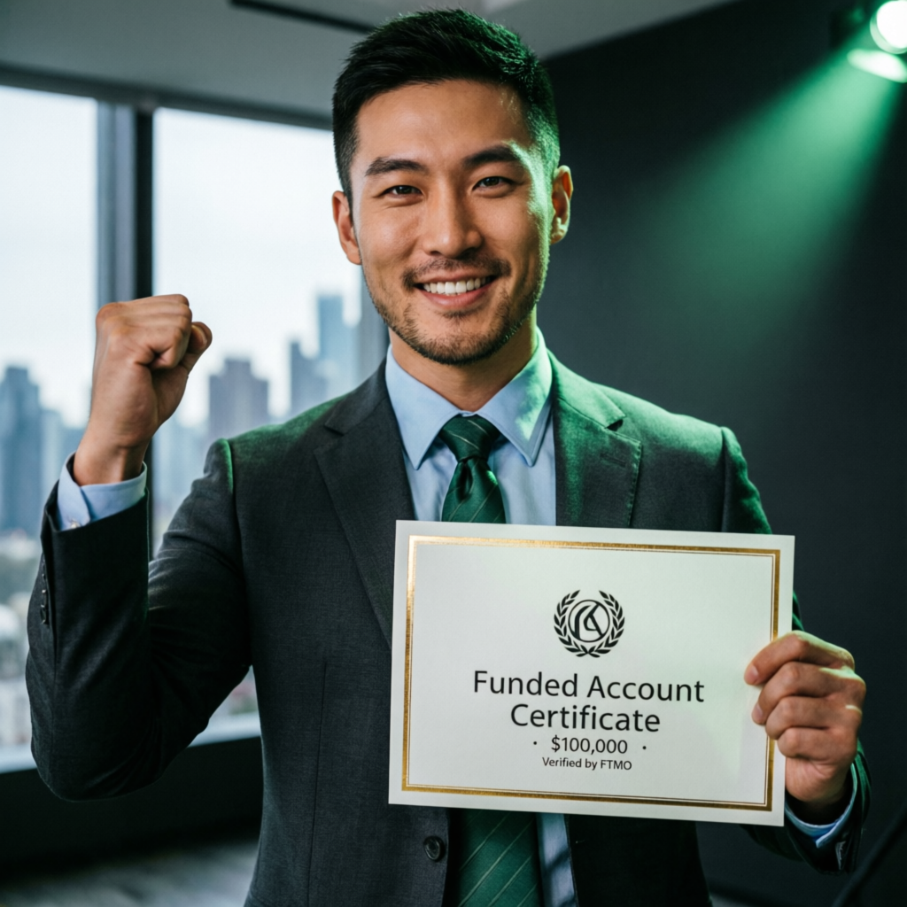 Successful trader holding funded account certificate celebrating achievement