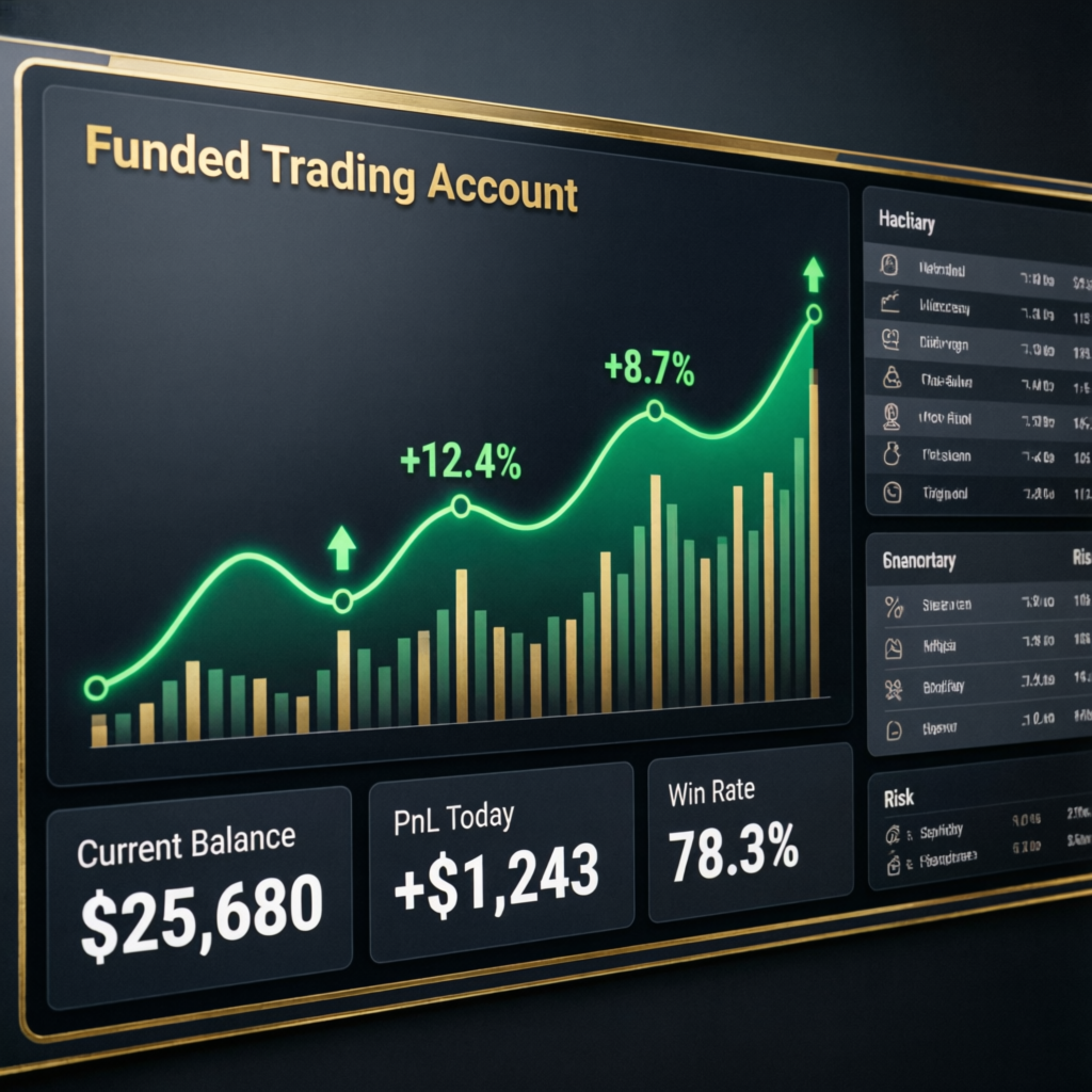 Funded trading account dashboard showing profit growth with prop firm passing service results