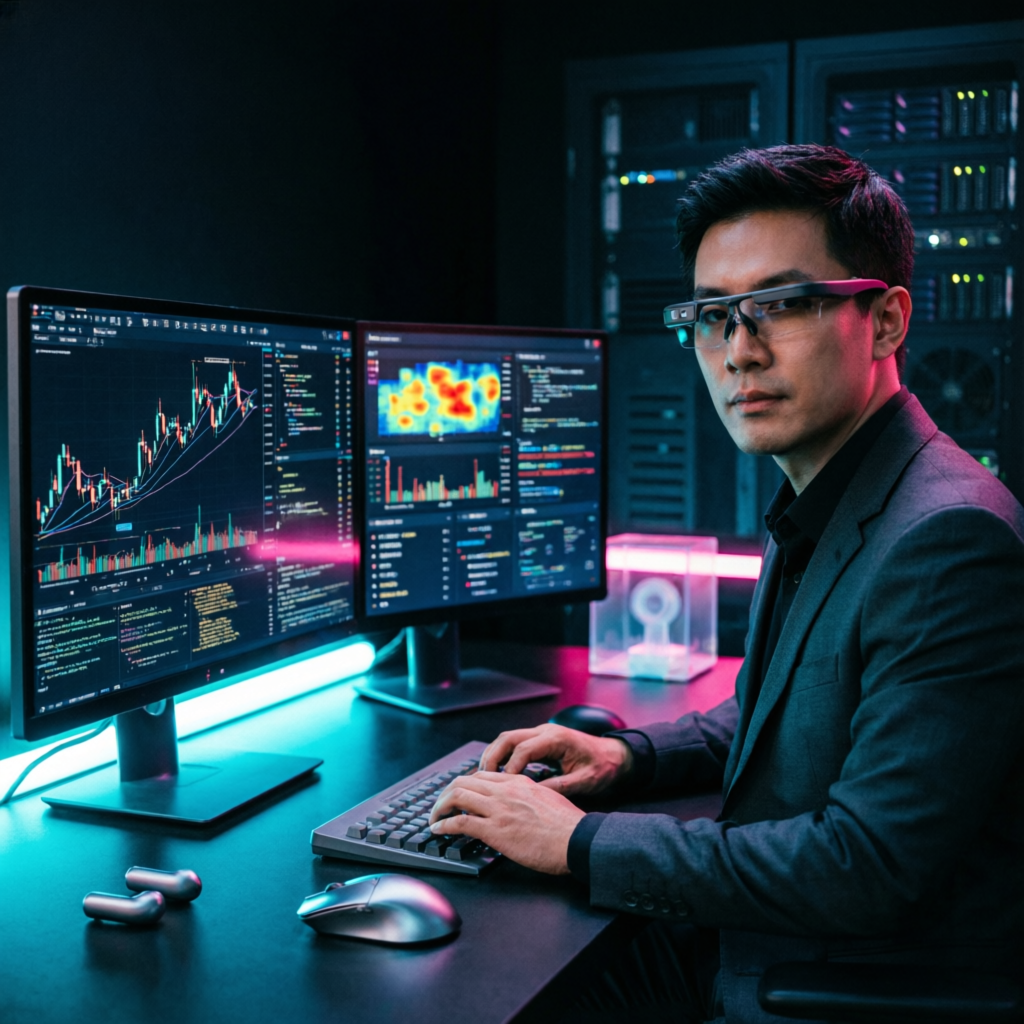 Professional trader analyzing Apex Trader Funding reviews with AI-powered prop firm passing service dashboard