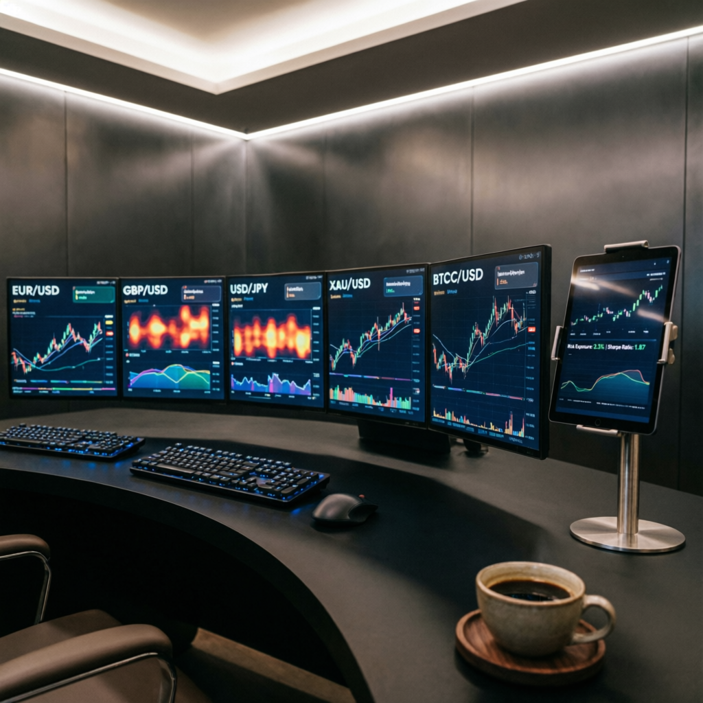 Professional trading desk with multiple monitors showing prop firm comparison analysis